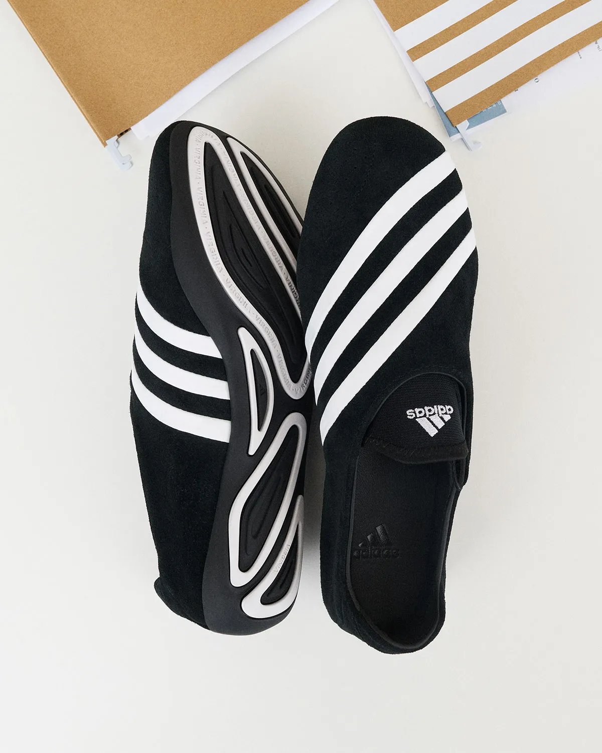 Pharrell x adidas Virginia Vario Flat Earther in black suede with white stripe and branding details - detail view 2