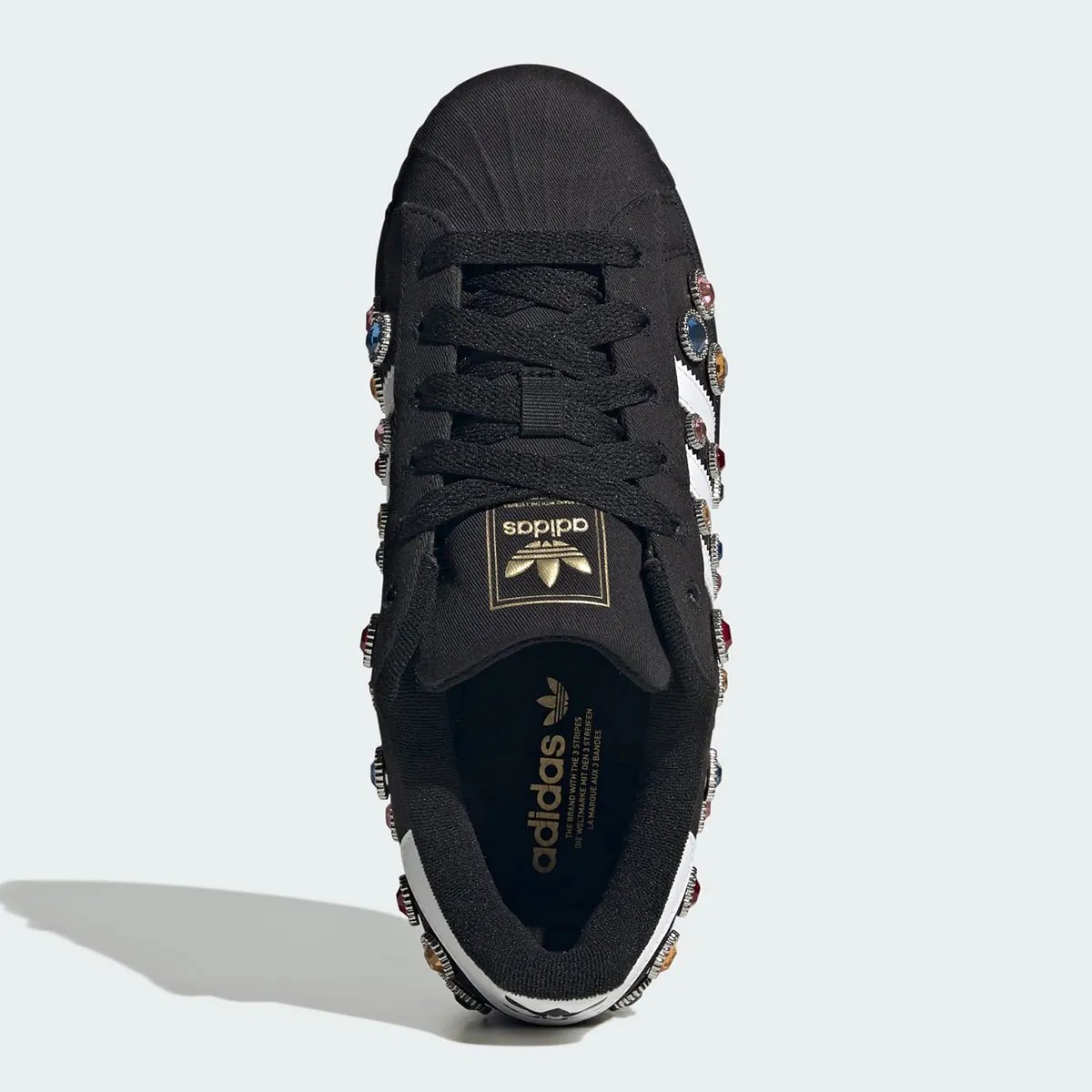 adidas Superstar "Jewel" with multicolored gemstone inlays and silver metallic trim on black canvas upper - detail view 4