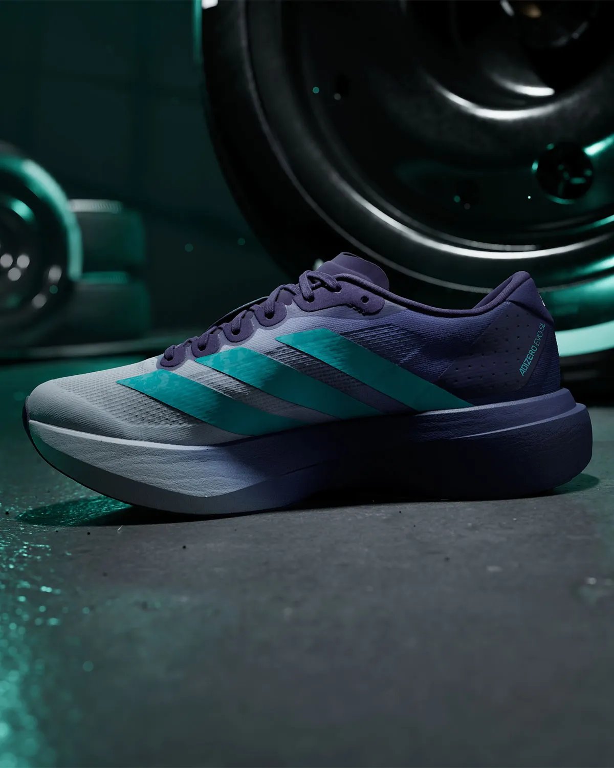 Mercedes AMG Petronas F1 x adidas adiZero EVO SL in Vanda orchid purple gradient with hi-vis teal Three Stripes accents - detail view 3