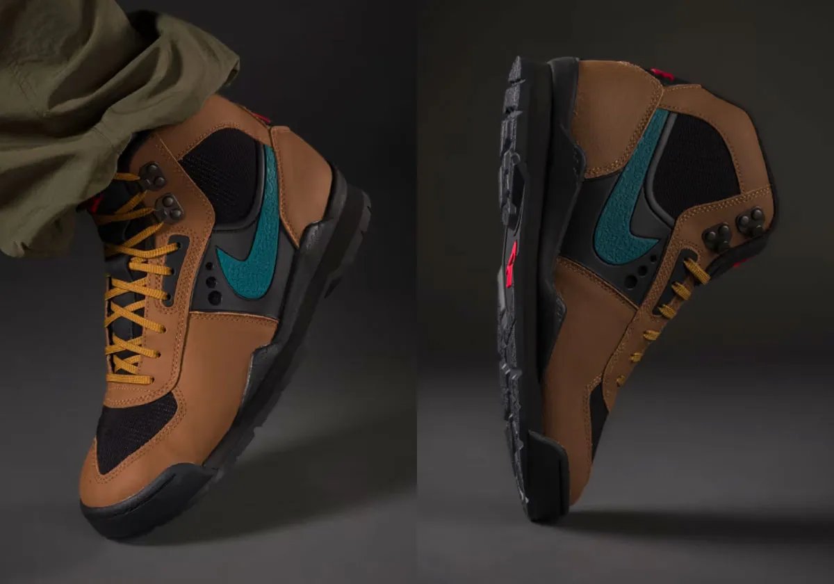 Nike ACG Baltoro in Light British Tan with Geode Teal Swoosh and yellow laces, hero view - detail view 2