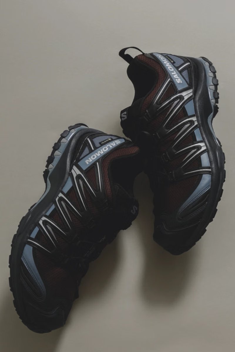 Urban Research x Salomon XA PRO 3D GTX in Brown colorway, featuring brown-to-burgundy mesh with black overlays and slate-blue accents - detail view 3