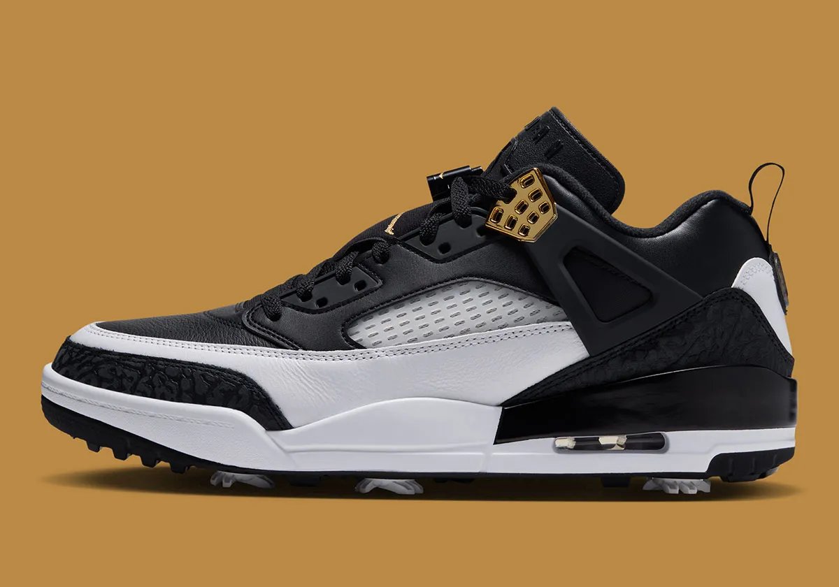 Jordan Spiz'ike Low Golf in black, white, and metallic gold, inspired by the 2006 Defining Moments Package colorway - detail view 1