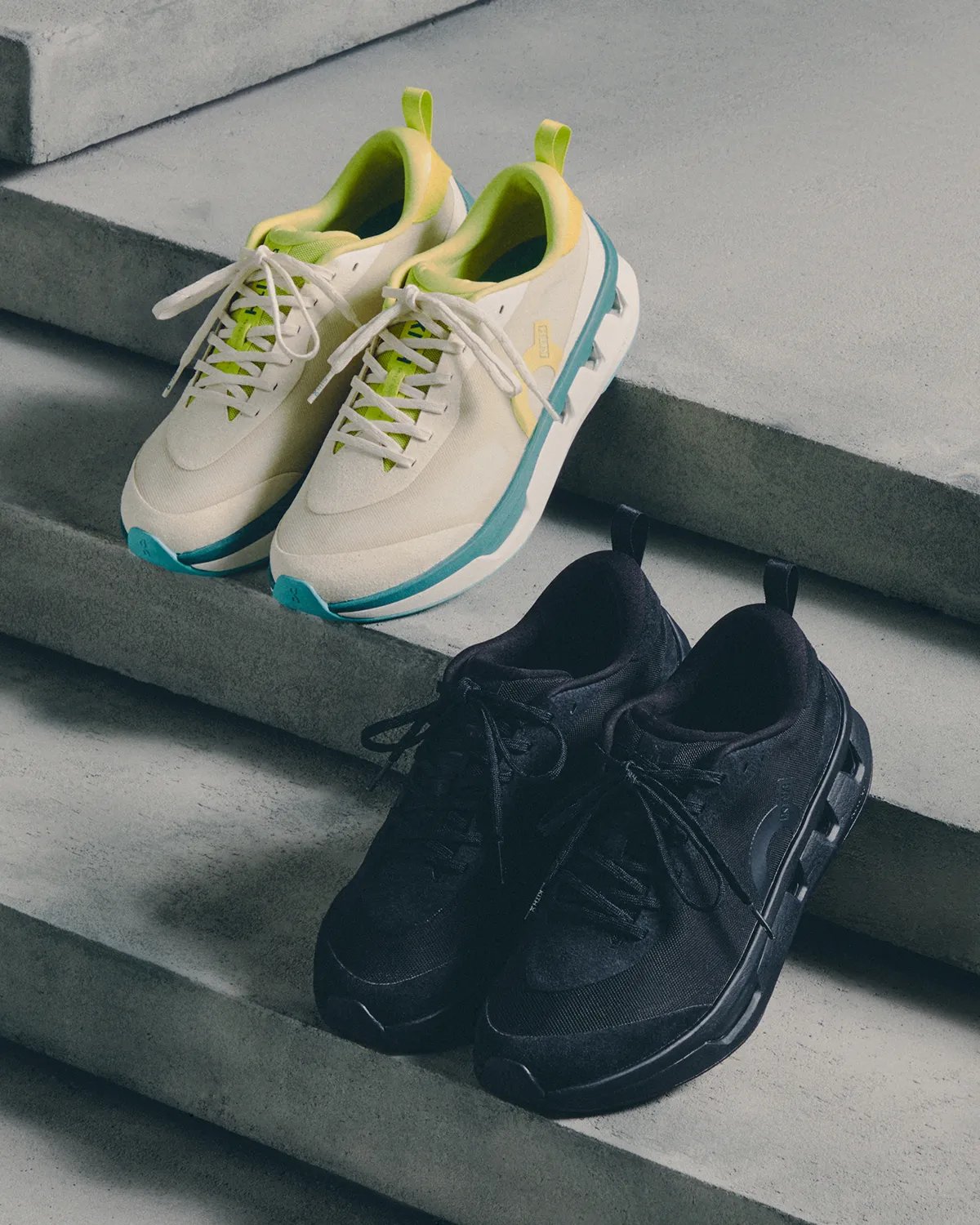 On Running x Kith K-Tech 3 lifestyle shoe in Triple Black and Storm colorways, featuring technical mesh and suede overlays with CloudTec cushioning