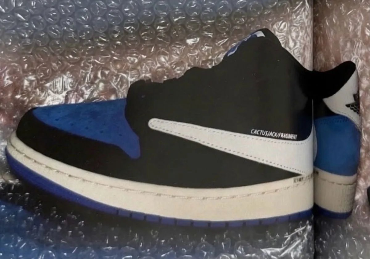 Unreleased Travis Scott x Fragment Design Air Jordan 1 Low sample in royal blue suede and white leather, 2021 - detail view 1