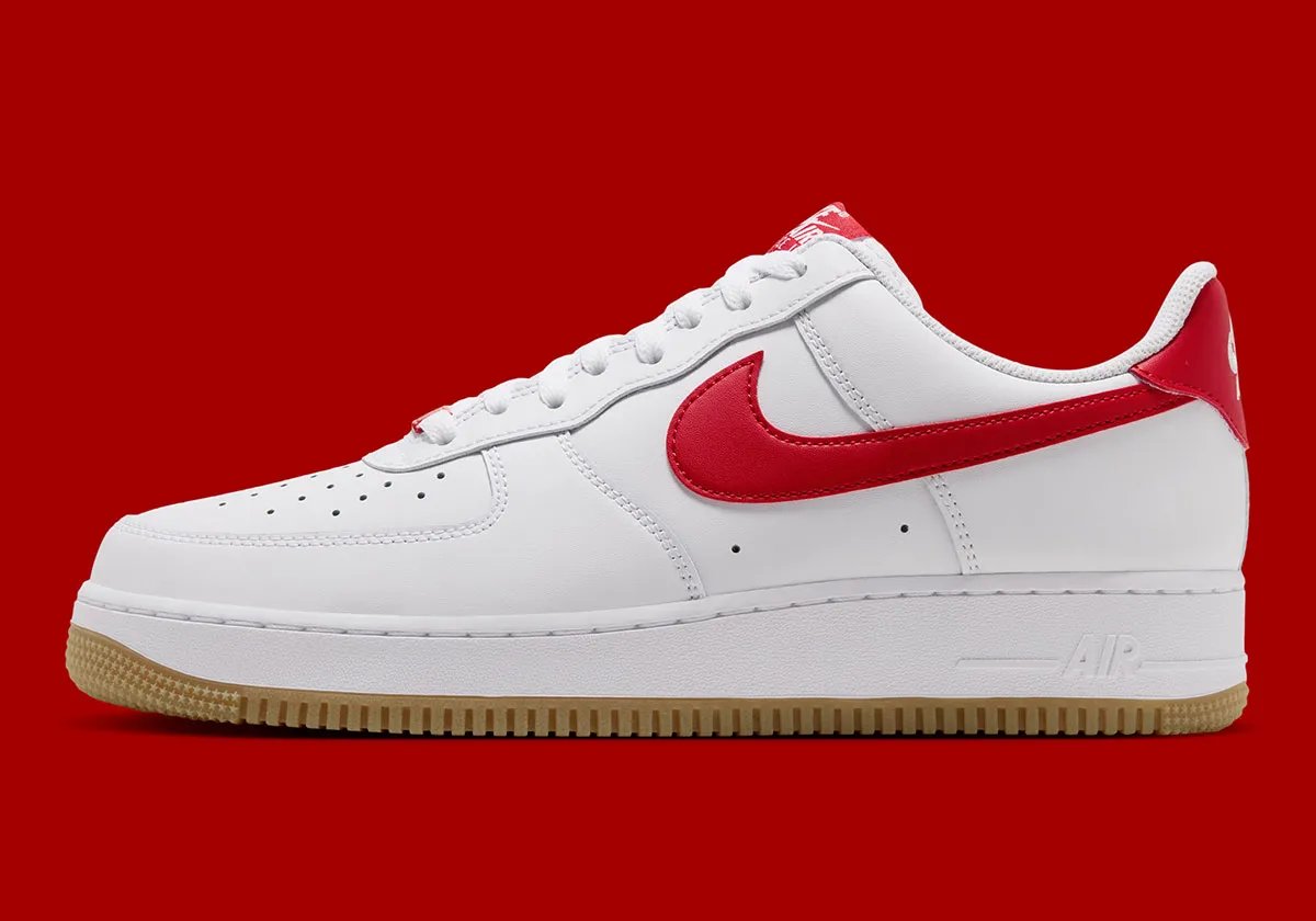Nike Air Force 1 Low in White leather with Challenge Red Swoosh and Gum Light Brown outsole, shown from multiple angles - detail view 1