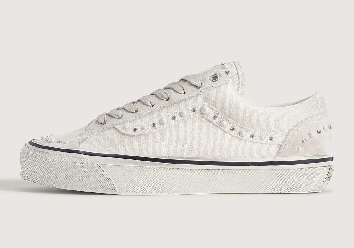 Vans Old Skool Pearlized Marshmallow with pearl and stone detailing on canvas upper, tongue, and heel panels - detail view 2