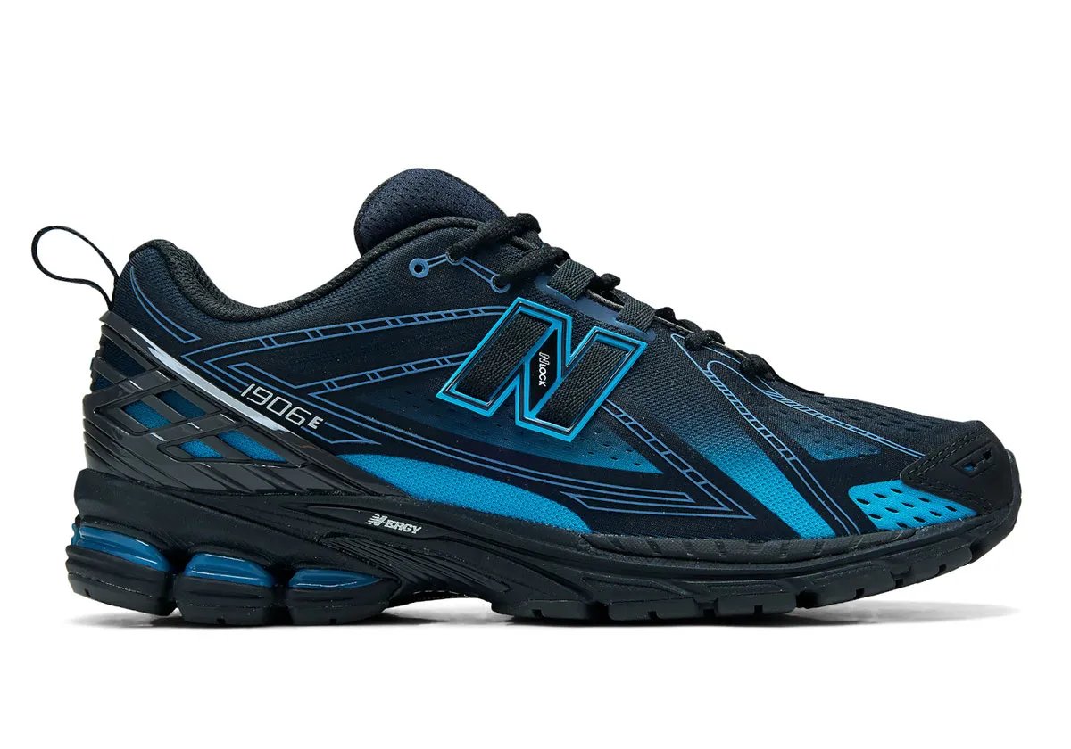 New Balance 1906E sneaker with engineered mesh upper in blue and maroon gradient colorway - detail view 1