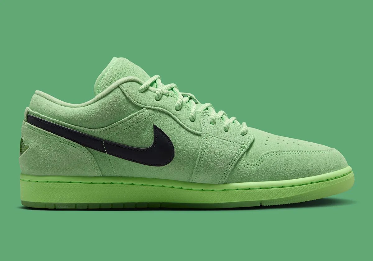 Air Jordan 1 Low Avalanche Lime with suede upper mimicking tennis ball texture and jeweled Wings logo cutout - detail view 3