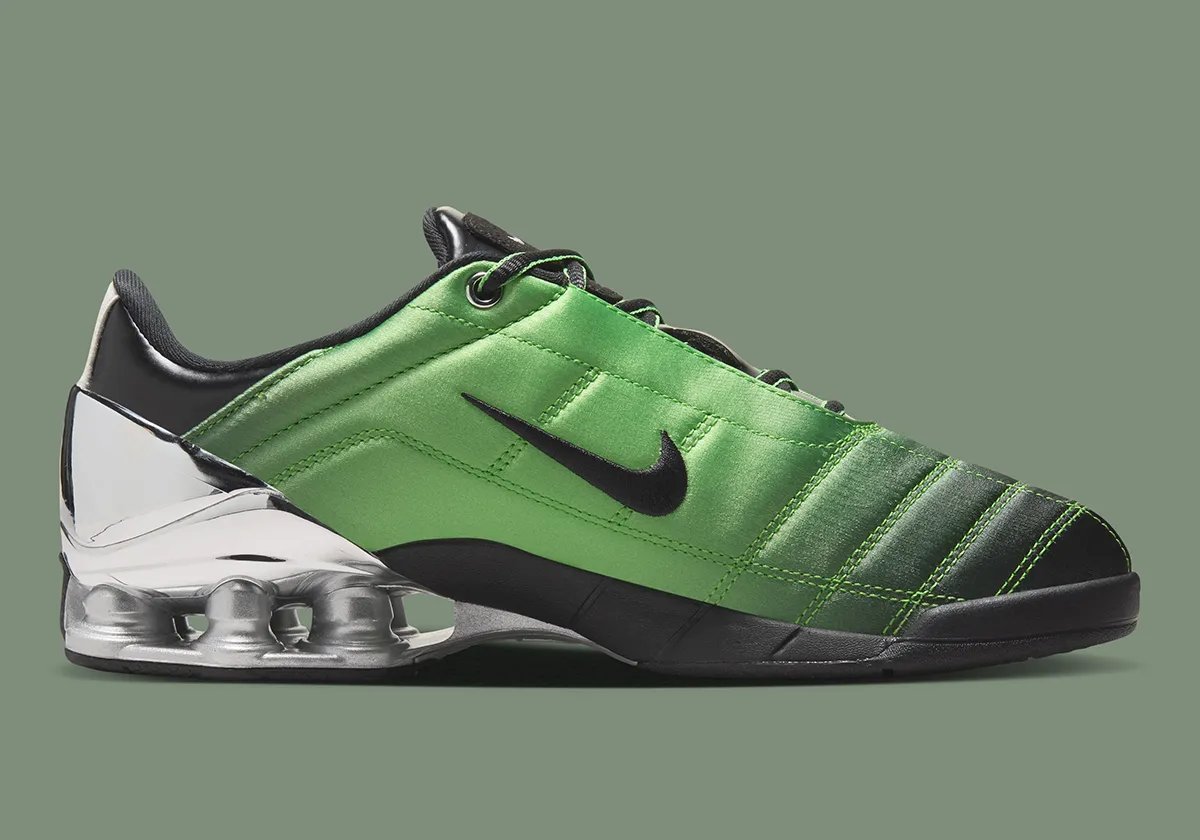 Forget-me-nots x Nike Total 90 Shox Magia in Green Gusto with Metallic Silver accents and black outsole details - detail view 3