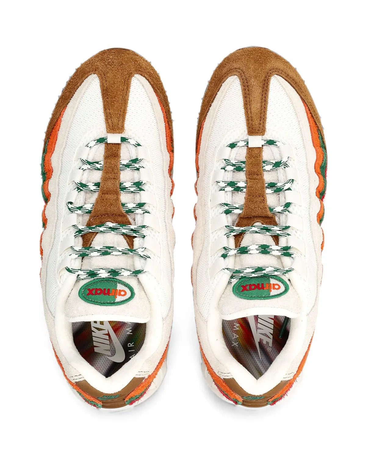 Nike Air Max 95 in 7-Eleven-inspired colorway with Gym Red, Sport Green, and Total Orange suede overlays and Light British Tan accents - detail view 3