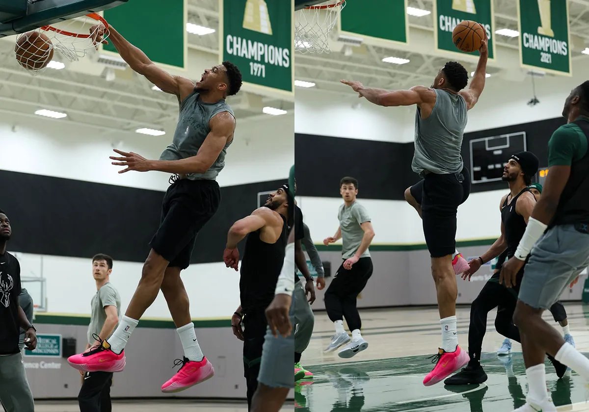 Giannis Antetokounmpo wearing the Nike Giannis Freak 8 signature basketball shoe during practice - detail view 1