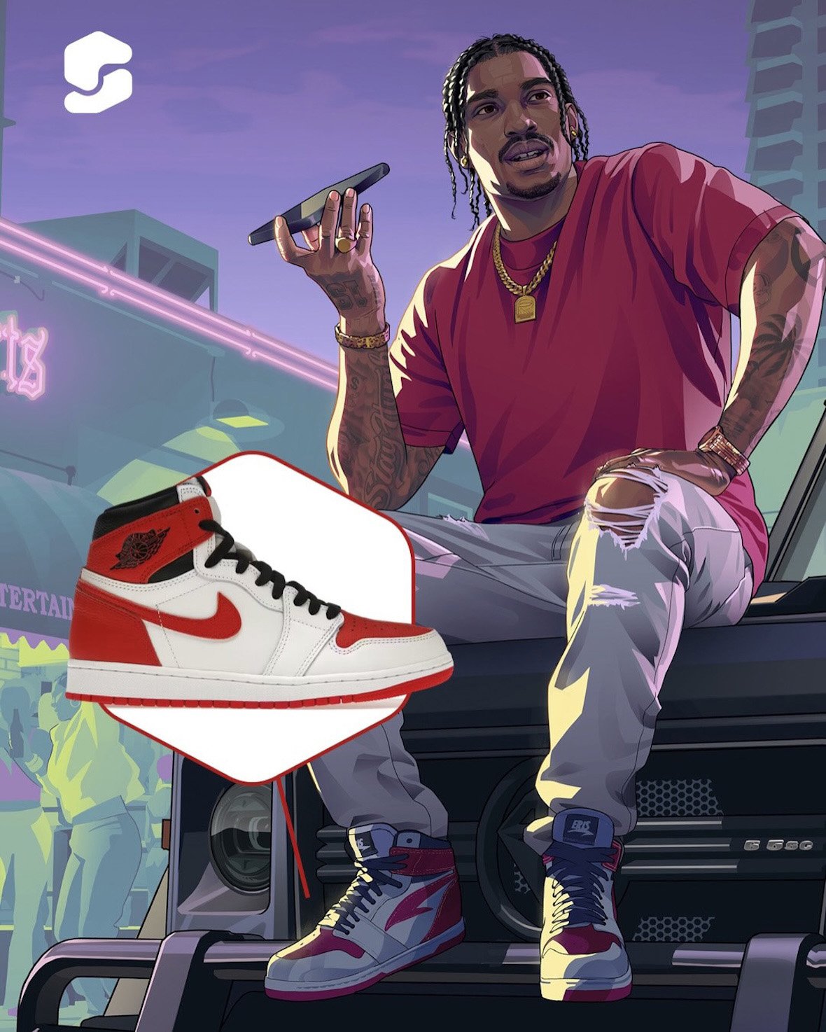 Character wearing graffiti-covered mid-top sneaker in Grand Theft Auto 6 Extended Look, inspired by Off-White x Nike Air Force 1 Mid design - detail view 5