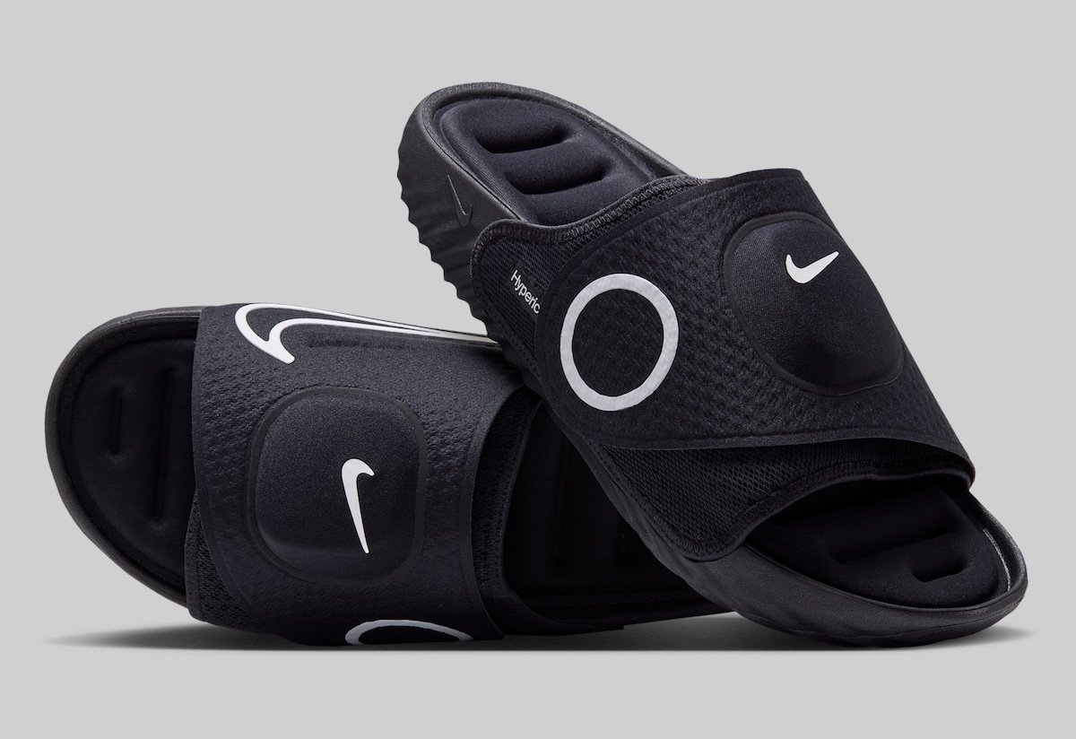Nike x Hyperice Air Zoom Hyperslide in Black and Orewood Brown colorways featuring integrated heat and vibration technology - detail view 2