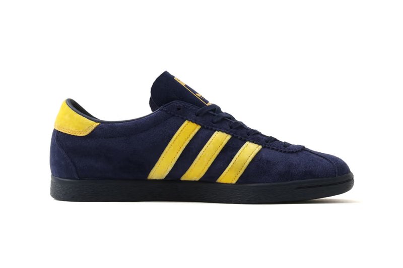 adidas Originals x atmos Tobacco KOYO in navy leather with yellow velour Three Stripes and brown leather with orange velour detailing, inspired by Japanese autumn foliage - detail view 4