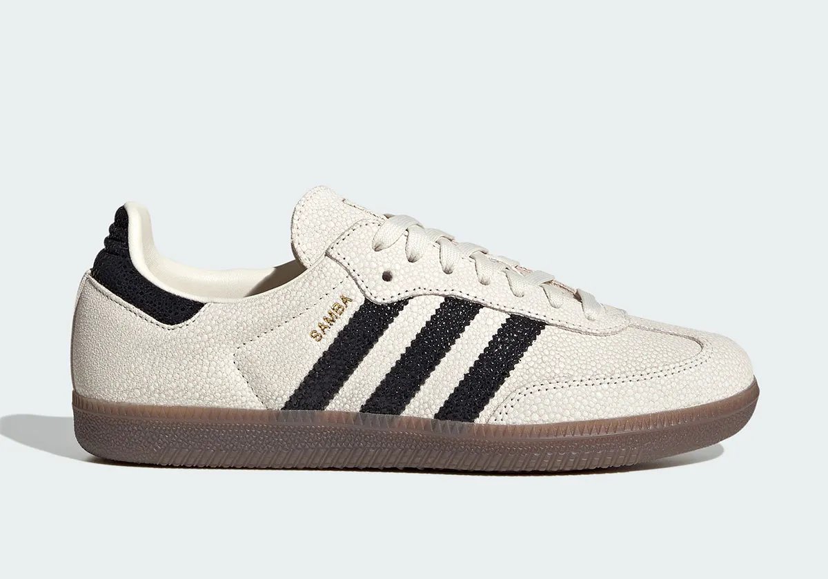 adidas Samba in stingray leather with cloud white base, core black stripes, and brown gum sole - detail view 1