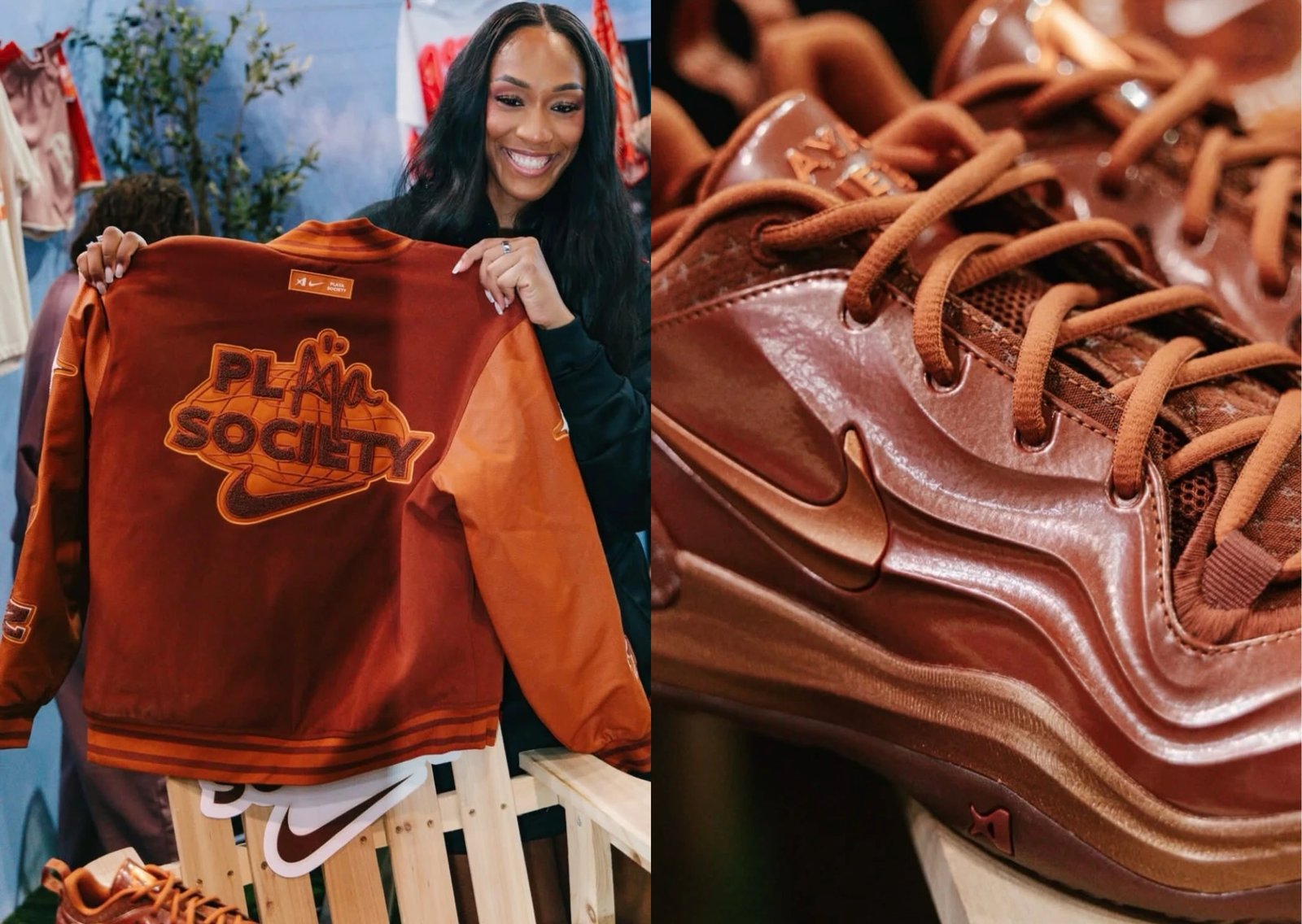Nike A'Two x Playa Society Dark Russet colorway featuring monochromatic chocolate cocoa leather with Playa Society tongue patch - detail view 1