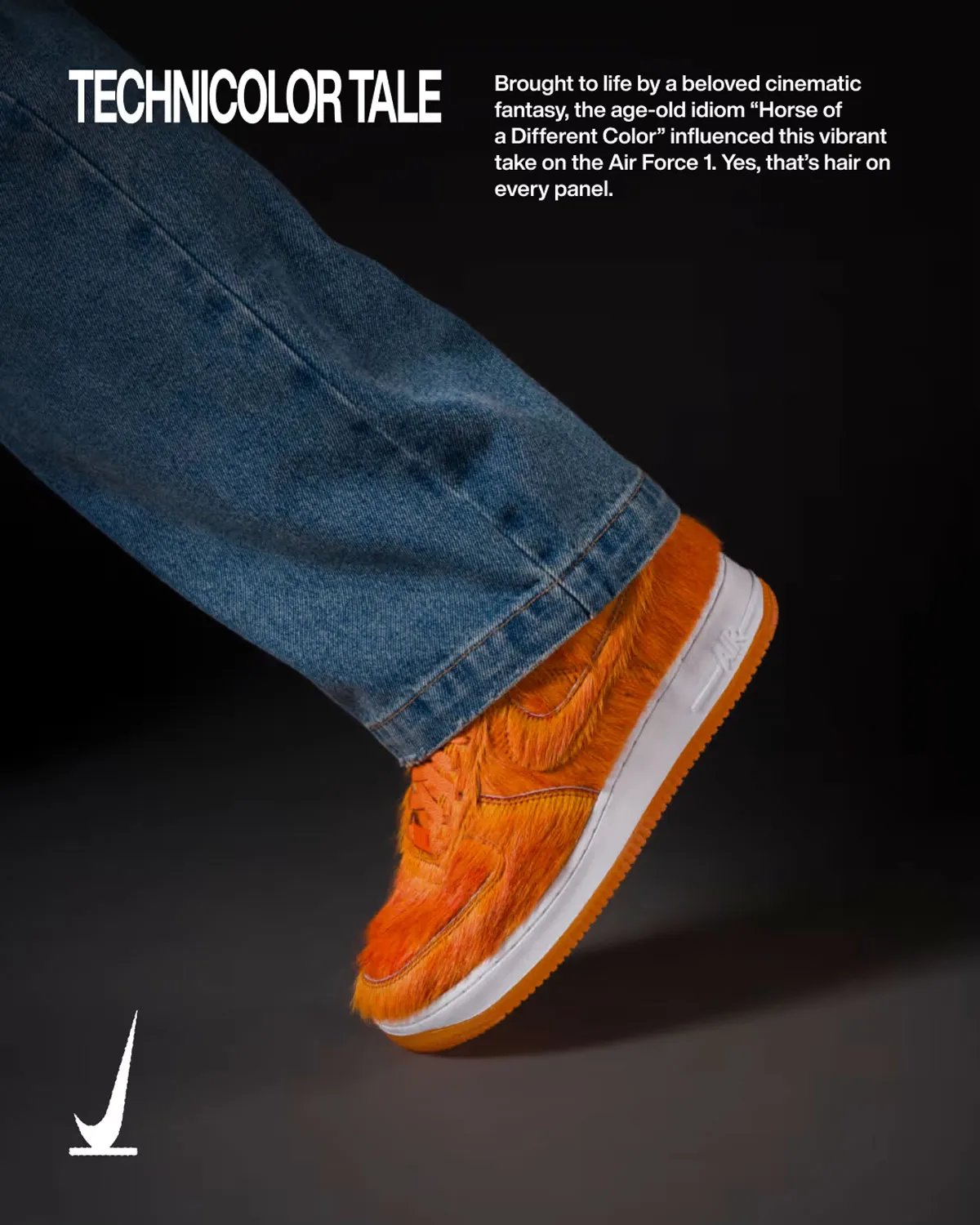 Nike Air Force 1 Low in Campfire Orange pony hair with white midsole, showing full faux fur coverage across upper - detail view 2
