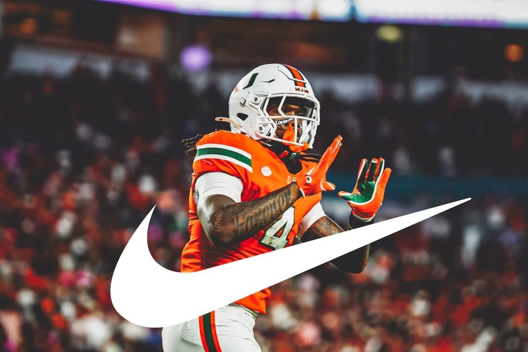 Miami Hurricanes football uniform detail showcasing Nike branding and Hurricanes colors - detail view 1