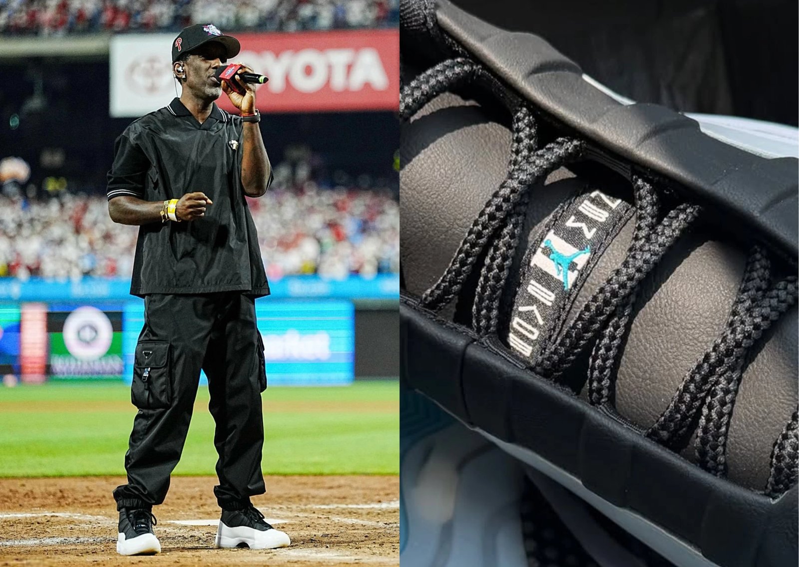 Boyz II Men wearing custom Air Jordan 11 PE with white leather mudguard and black fabric upper at MLB All-Star Game - detail view 1