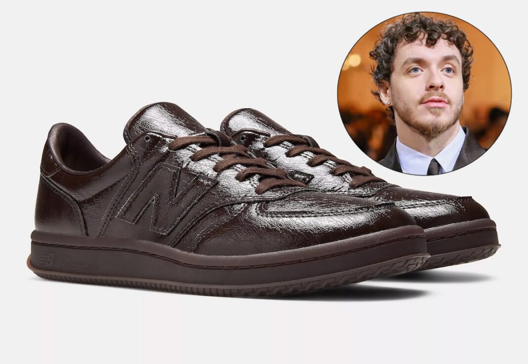 Jack Harlow x New Balance T500 "Olmsted" in Black Coffee leather, shown from the side profile highlighting the soft wrinkled upper and brown midsole.