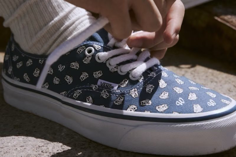 WORKSOUT x Vans Premium Authentic WORKGU SAN collaboration in white and navy blue with all-over cartoon graphics