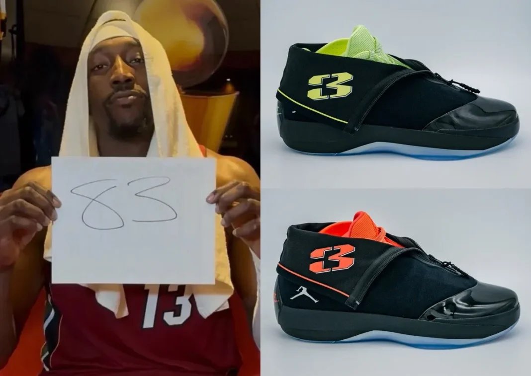 Jordan Brand Air Jordan 4028 Bam Adebayo pack in Black with Neon Green and Infrared accents, featuring embroidered date and player name details - detail view 1