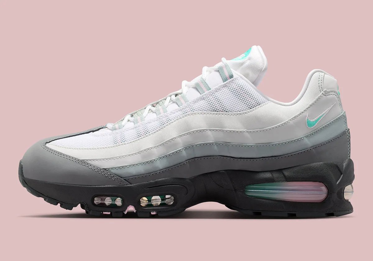 Nike Air Max 95 South Beach with white leather, gradient side paneling, and neon pink and teal accents - detail view 1
