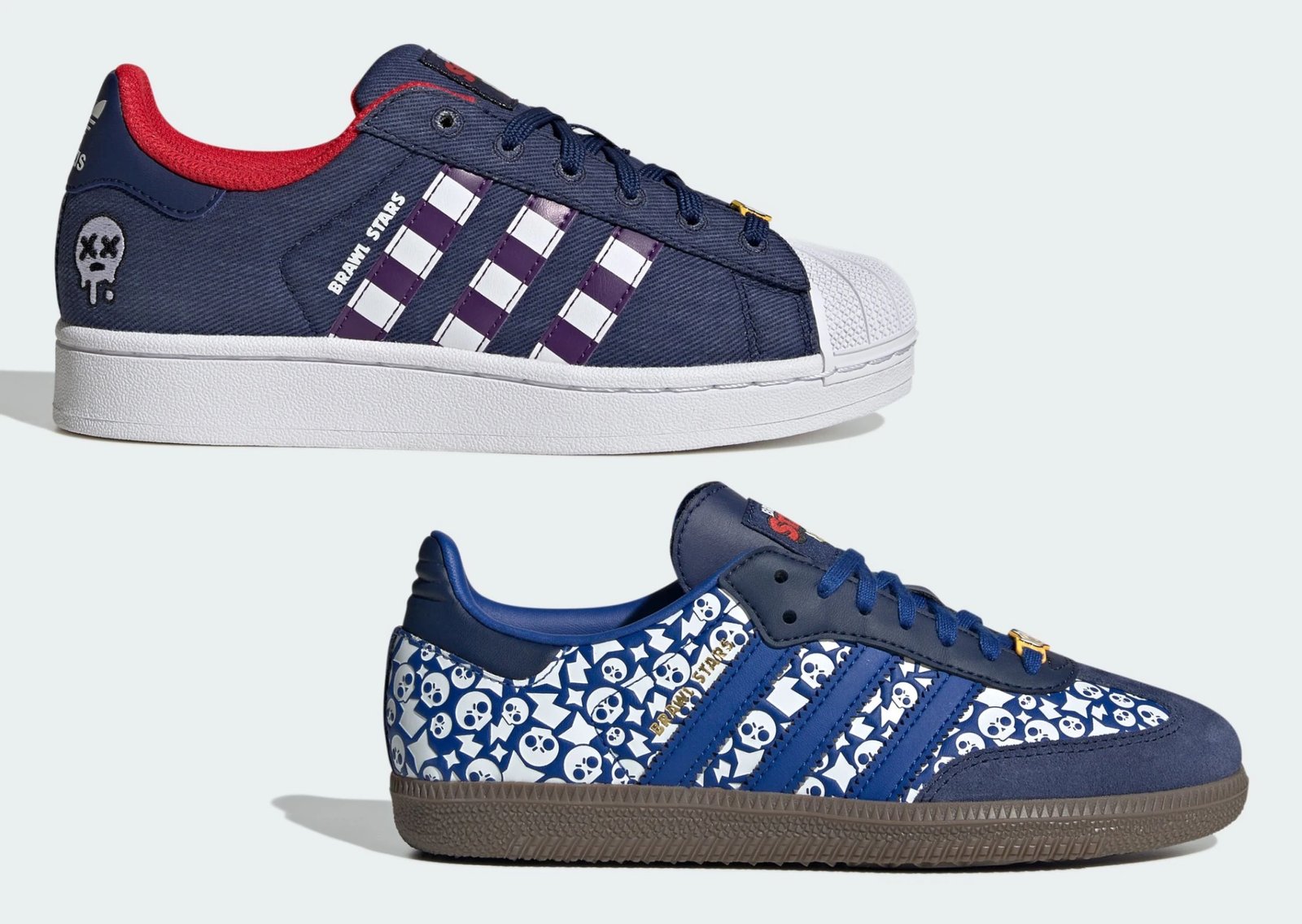adidas x Brawl Stars Superstar and Samba OG collaboration in youth sizing, featuring game-inspired branding and colorways - detail view 1