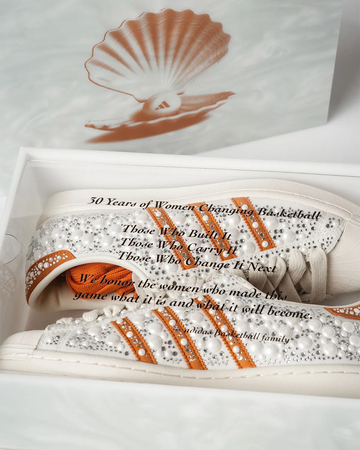 adidas Superstar in white and orange with pearlized bedazzled detailing, released for WNBA 30th anniversary - detail view 3