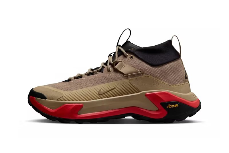 Nike ACG Zegama Hike in British Khaki colorway with earth-tone mesh and synthetic overlays, featuring black lace details and ACG branding - detail view 4