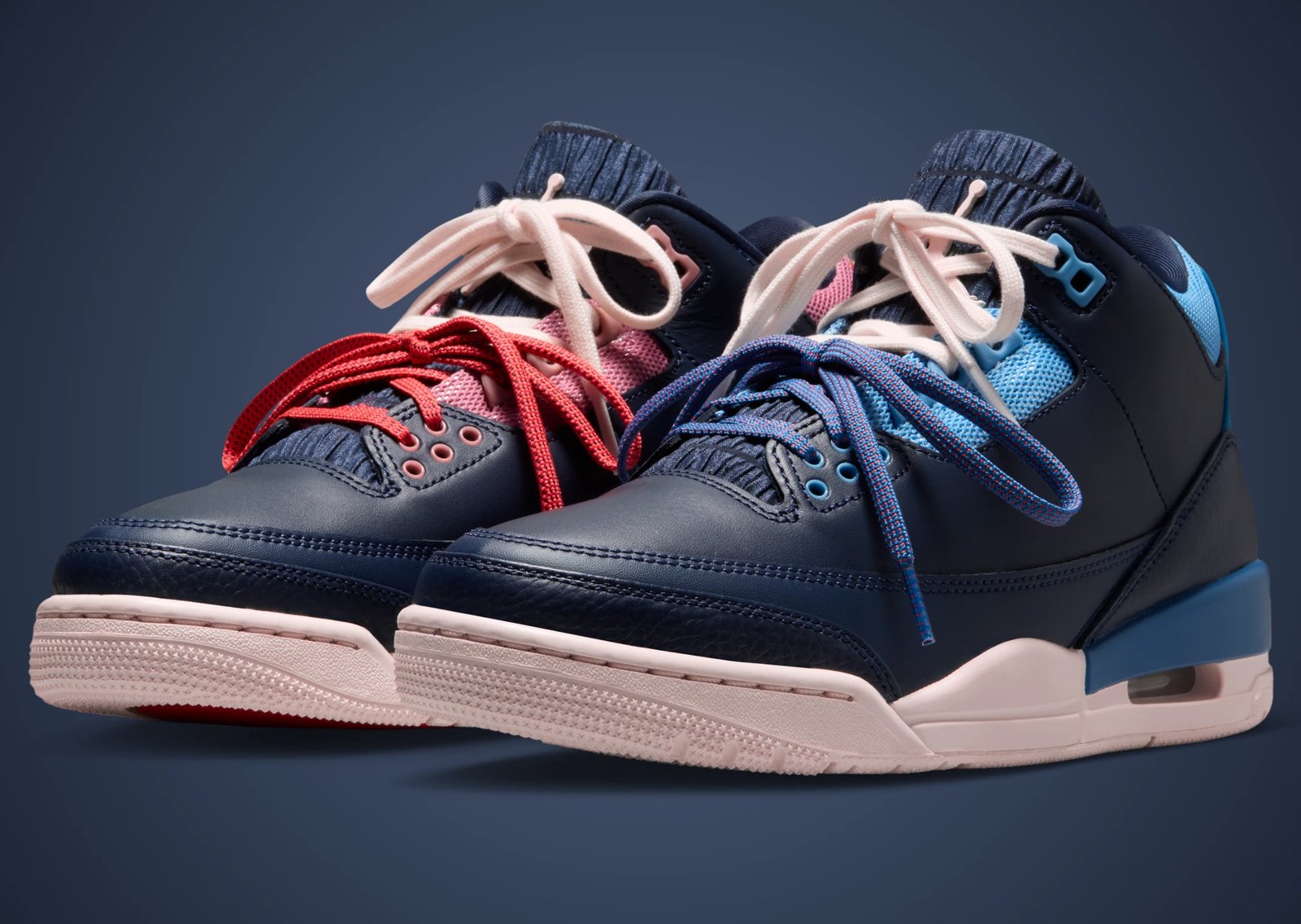 Air Jordan 3 Sports Renaissance featuring navy blue upper with mismatched red and blue asymmetrical accents, nylon mesh detailing, and scrunched tongue design - detail view 1