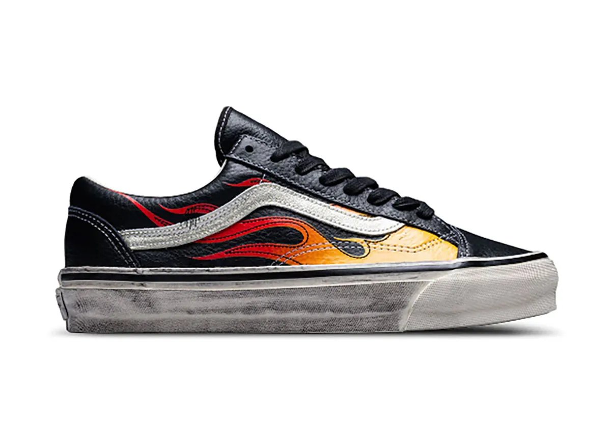 Vans Old Skool in Archive Flame colorway showing canvas upper with side stripe detail - detail view 5