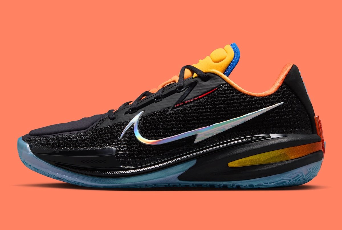 Nike GT Cut 1 in 'Before The Light' colorway by Dylan Harper and TITAN, featuring black mesh upper with orange, yellow, blue, and red accents - detail view 3