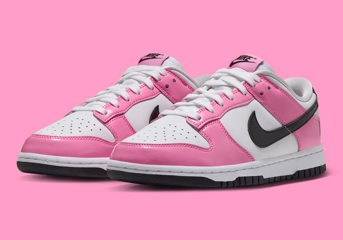 Nike Dunk Low 'Pink Spell' in white leather with Pink Spell patent leather overlays and black patent Swoosh, women's sizing, Fall/Winter 2026 release