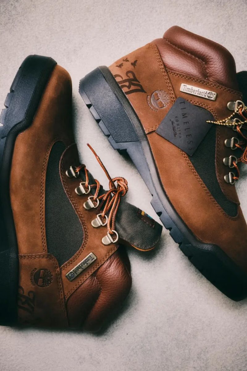 Timberland x Kohjiya Waterproof Field Boot with engraved heel detail featuring artist's KJ logo and dove motif - detail view 2