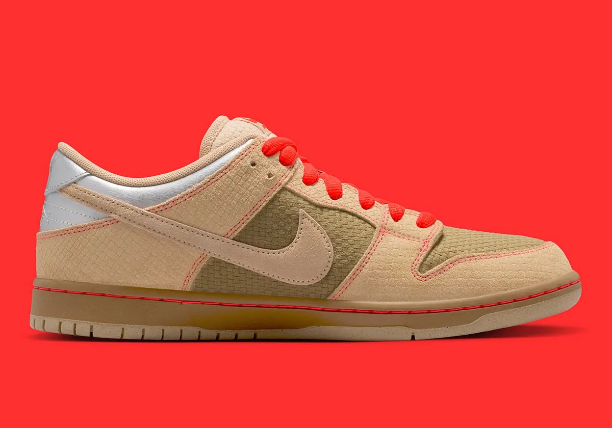 Nike SB Dunk Low "Som Tum" in white, red, and tan colorway with textured overlays inspired by traditional Thai bamboo baskets - detail view 3