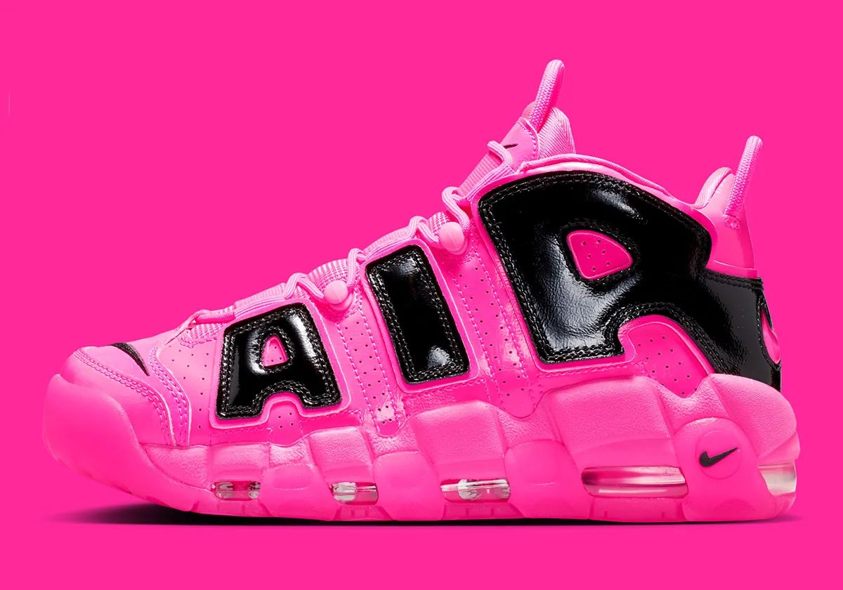 Nike Air More Uptempo '96 in Pink Blast colorway, featuring the signature exaggerated toe box and translucent forefoot paneling - detail view 1