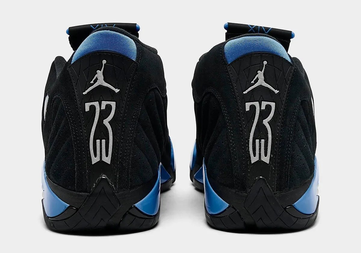 Air Jordan 14 in Black with University Blue accents, shown from multiple angles on white background - detail view 4