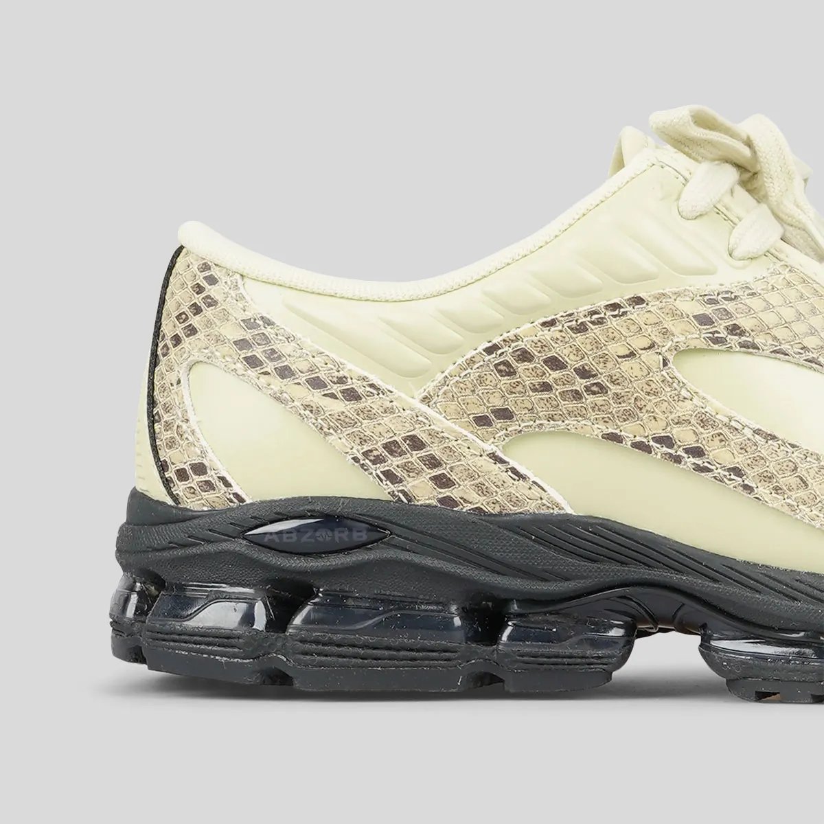New Balance 1890A moccasin hybrid in pale yellow leather with snakeskin overlays, side profile view - detail view 4