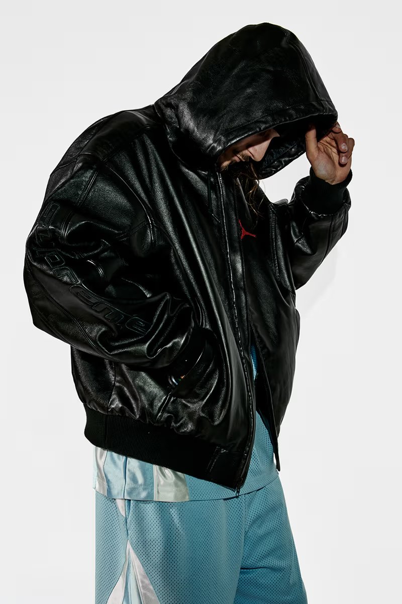 Jordan Brand x Supreme Spring 2026 collaboration hooded leather jacket and track apparel collection - detail view 5