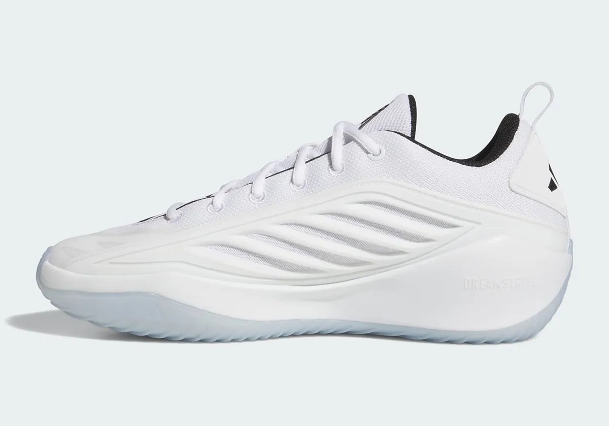 adidas Believe That 1 in Footwear White colorway with black trim and translucent traction, shown on-court - detail view 2