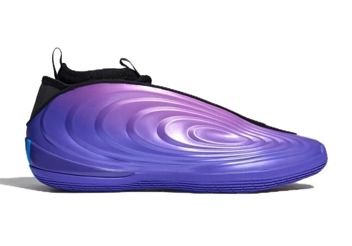 adidas Harden 10 CGA in glossy purple with Laser Blue accents and ripple texture detailing - detail view 3
