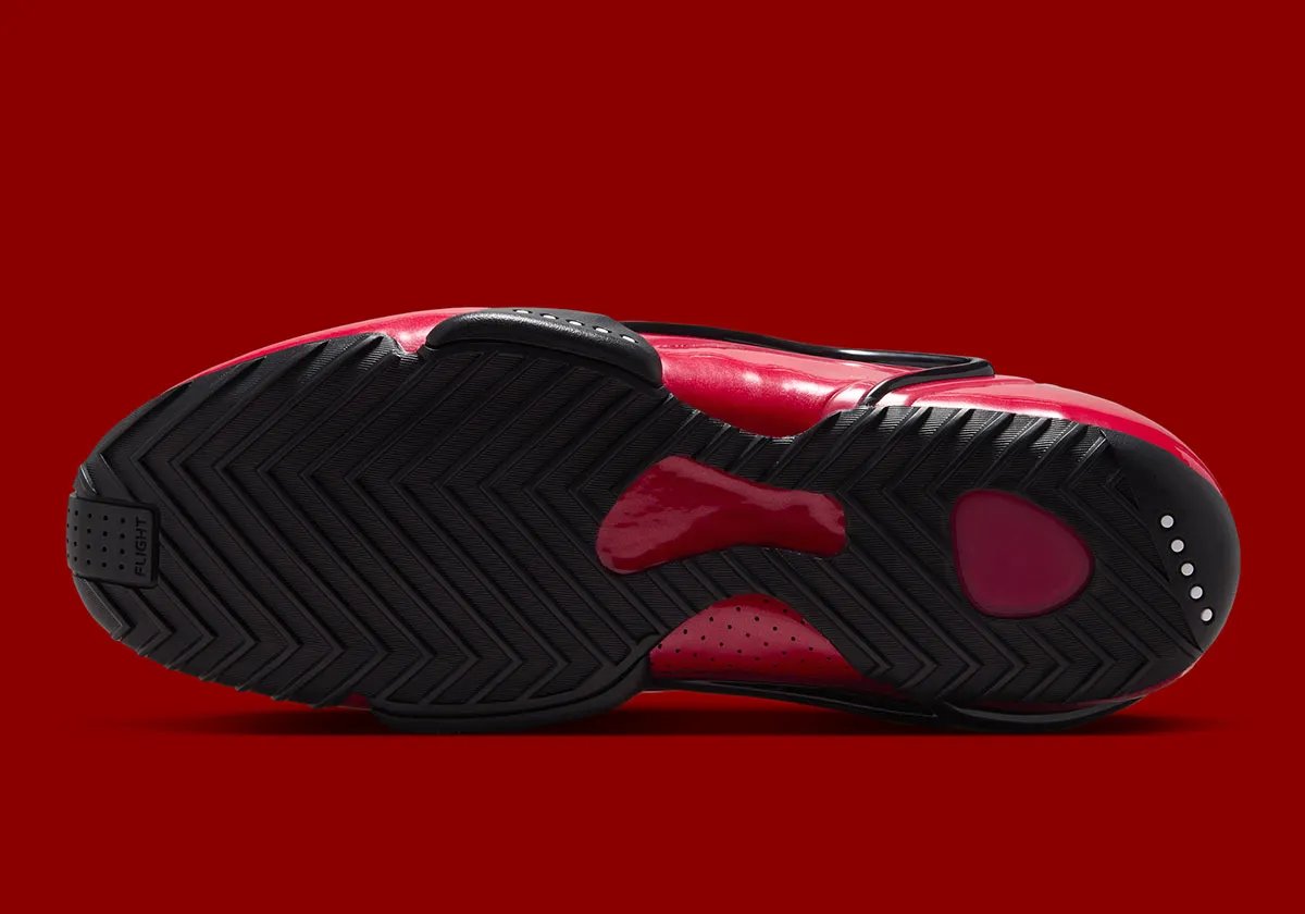 Nike Zoom Hyperflight in Varsity Red with glossy leather upper and white mini Swoosh - detail view 2