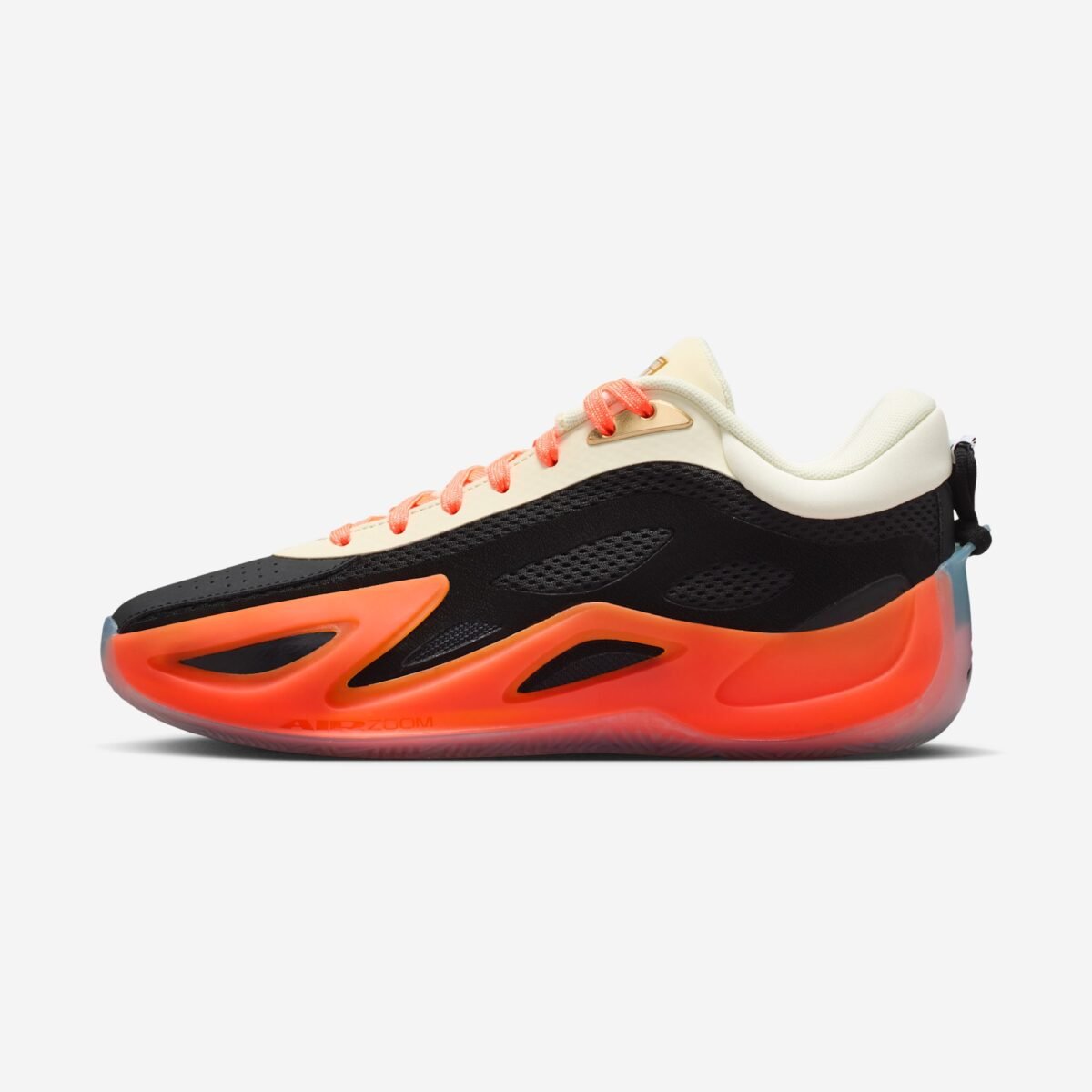 Jordan Heir 2.0 in Birds of Paradise colorway featuring black, metallic gold, total orange, and coconut milk. - detail view 2