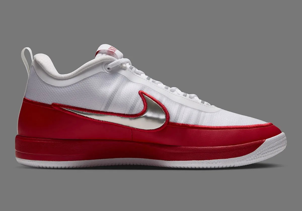 Nike Book 2 Team Bank in University Red, featuring fiery mudguard and mesh backing with silver Swoosh in homage to Tinker Hatfield's Air Max 1 design - detail view 2