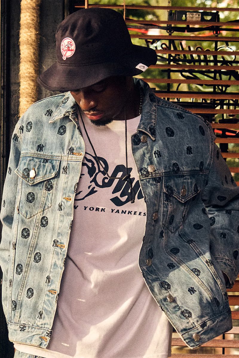 Billionaire Boys Club x New York Yankees Drop II collection featuring embroidered denim trucker jacket and coordinating pieces - detail view 3