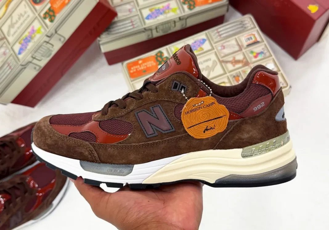 Aminé x New Balance 992 'Outdoor School' in reddish-brown with suede, mesh, and patent leather upper, featuring Club Banana tongue branding - detail view 1