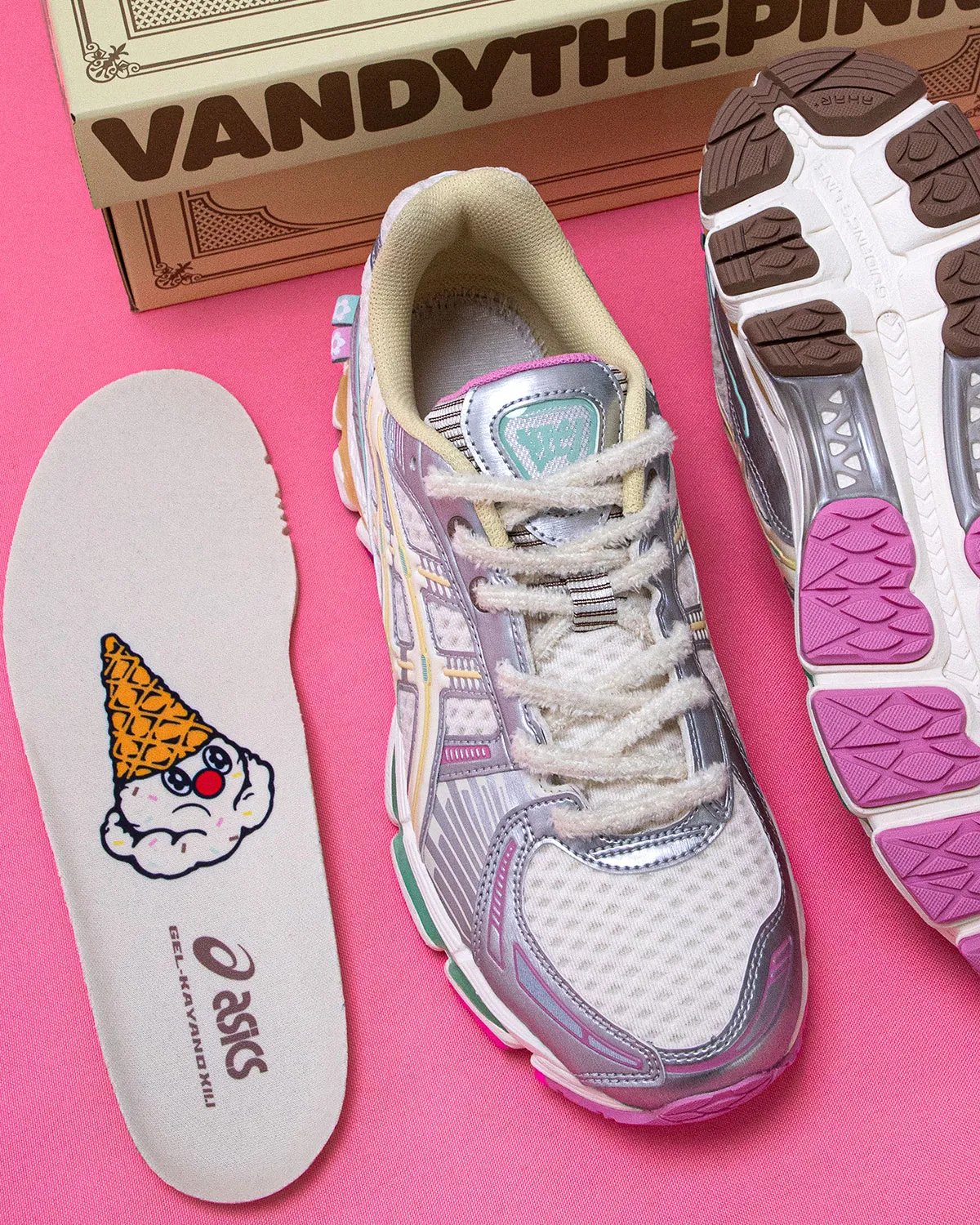 VANDYTHEPINK x ASICS GEL-Kayano 12.1 Vanilla colorway with waffle-textured white mesh upper and rainbow sprinkle accents - detail view 1