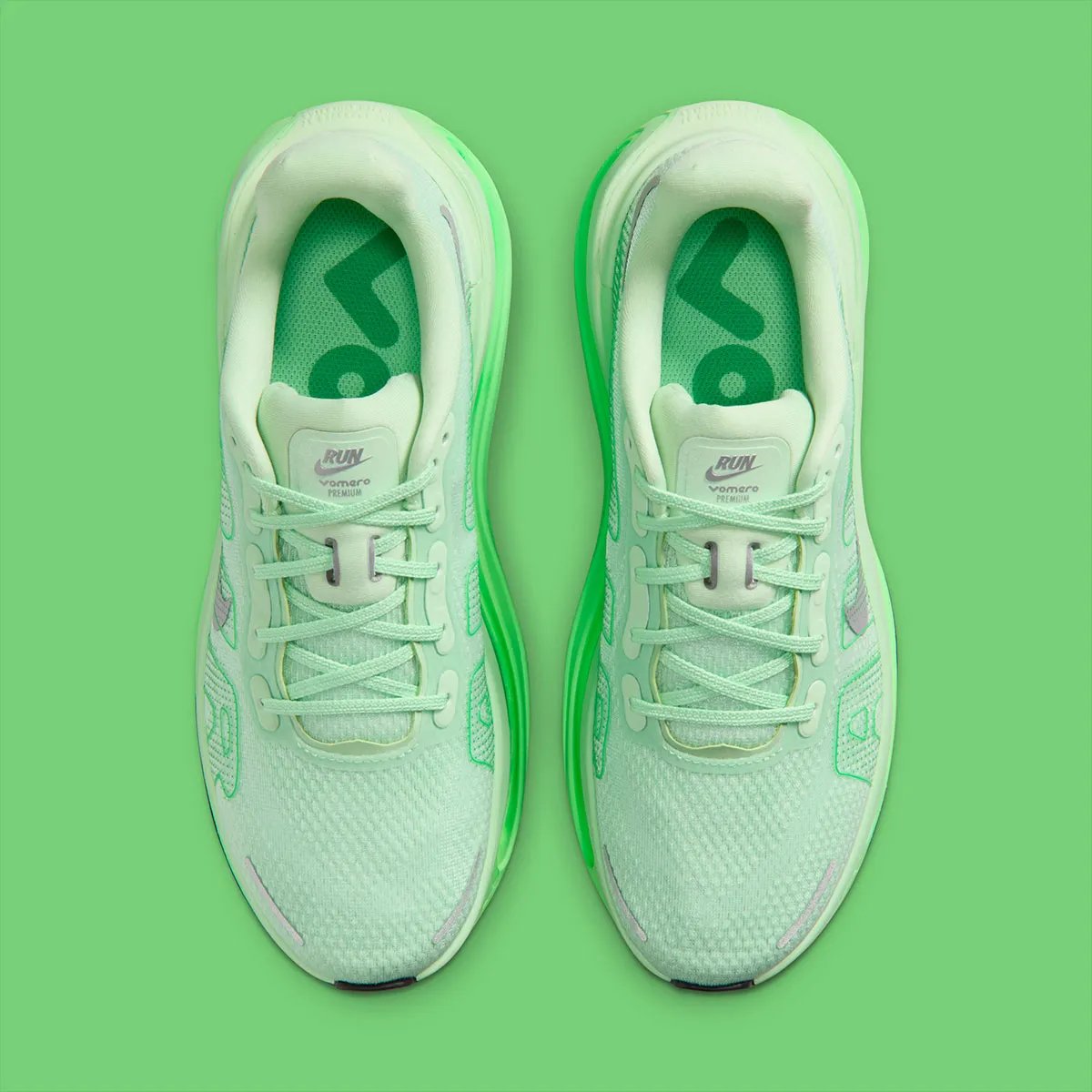 Nike Vomero Premium in Cucumber Calm colorway featuring sage green mesh upper with Illusion Green and Green Spark accents on Zoom Air windows - detail view 3