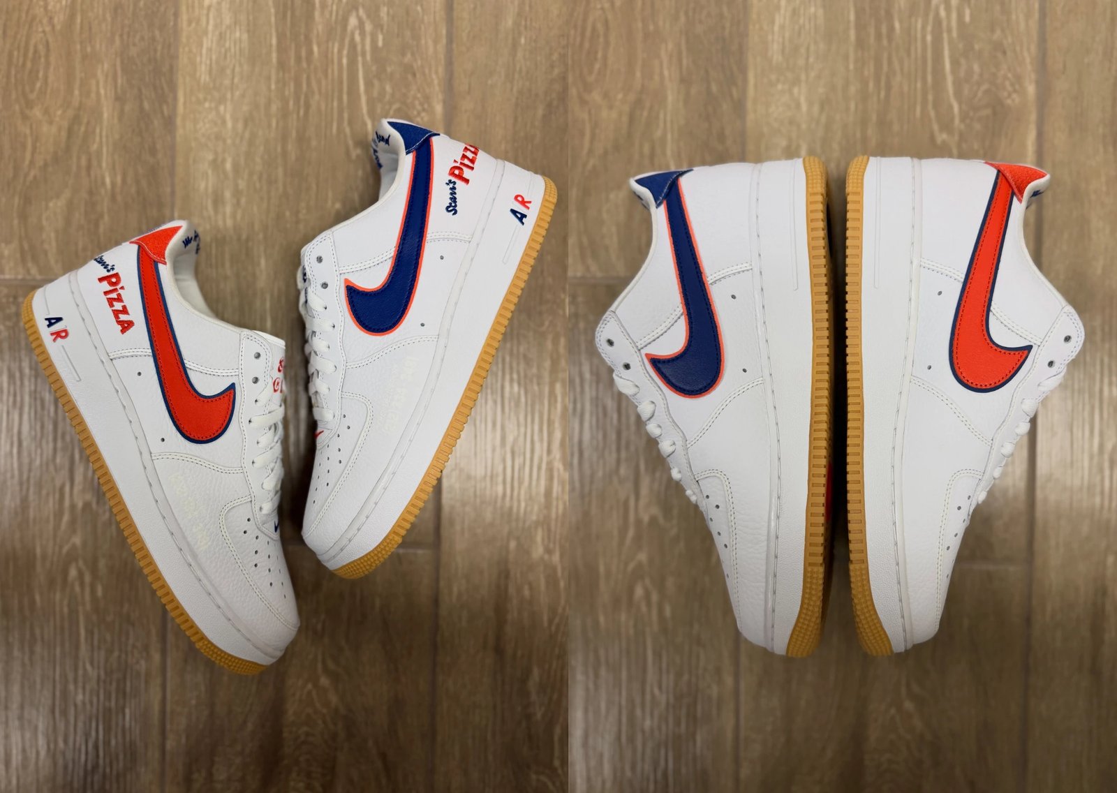 Nike Air Force 1 Low Scarr's Pizza 2025 sample featuring white leather upper with blue and orange Swoosh detailing and tan gum sole - detail view 1